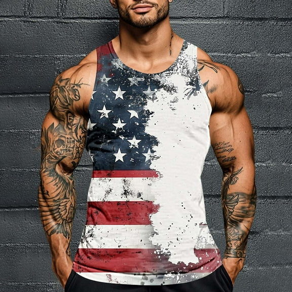 Red White and Blue Mens Tank Memorial Day Tank Top Red White and Blue Tank Top for Men American Flag Tops for Men Men's Independence Day Printing Round Neck Regular Casual Sports Tank Blouses