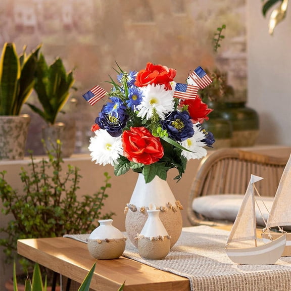 Red White Blue Patriotic Artificial Silk Rose Bouquet with 3 American Flags, 250th Anniversary Memorial Day Cemetery Grave Flowers, Flower Bouquet for 4th of July Veterans Day Home Table Party