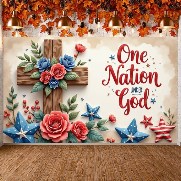 Red White Blue Patriotic Religious Display Floral Embellished Christian Patriotic Backdrop Wooden Cross Star Patterned One Nation Under God Banner for 4th of July Celebrations, Church Events, Home