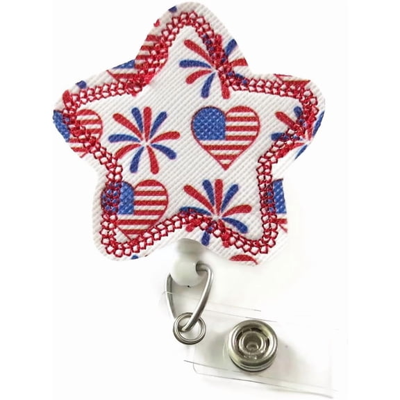 Red White Blue Patriotic Star Badge Reel, American Flag Felt and Canvas Design Retractable ID Holder