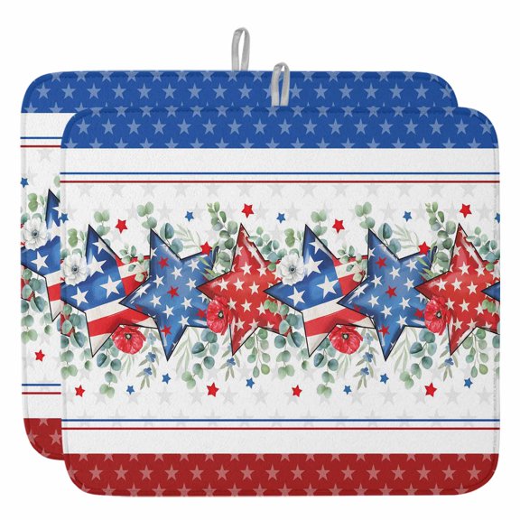 Red White Blue Patriotic Stars Dish Drying Mat, Eucalyptus Leaves Poppy Absorbent Dish Drying Matt Pad for Kitchen Countertops,Sinks,Dish Drainer Racks, Large 18x24inx2 Pcs,