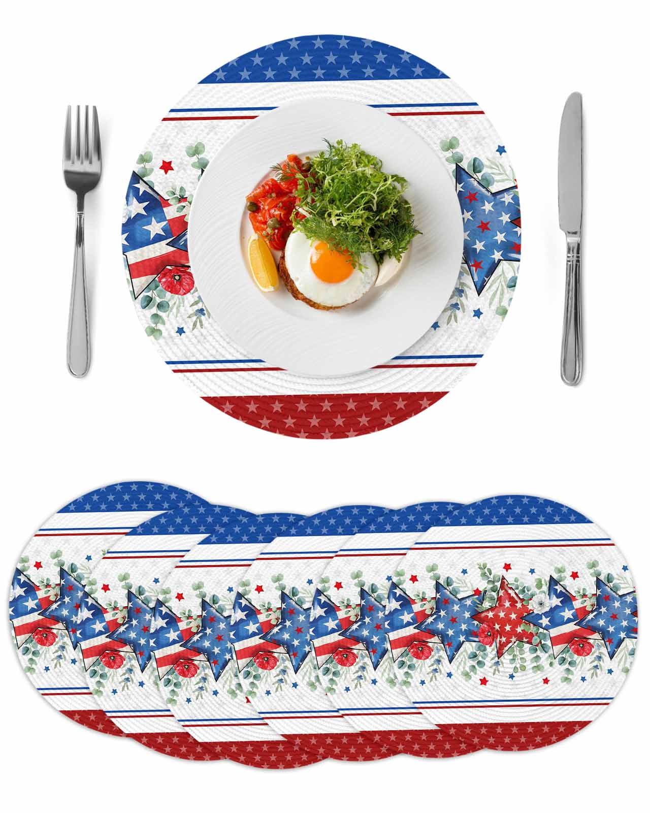 Red White Blue Patriotic Stars Round Table Placemats set of 6, Eucalyptus Leaves Poppy Washable Woven Place Mats for Dining Tables Kitchen Party Decor,Heat Proof, 15in,