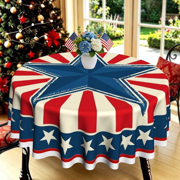 Red White Blue Patriotic Striped Star Firework 2D Print Round Tablecloth, Graphic Table Cover for Kitchen Backyard Patio Holiday Dinners, Home Holiday Decor