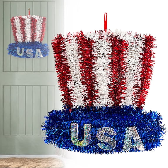 Red White Blue Patriotic Tinsel Wreath, 4th of July Festive Shaped Hanging Ornament, American Flag Inspired Decor for Front Door, Wall, Window, Independence Day and Patriotic Celebration