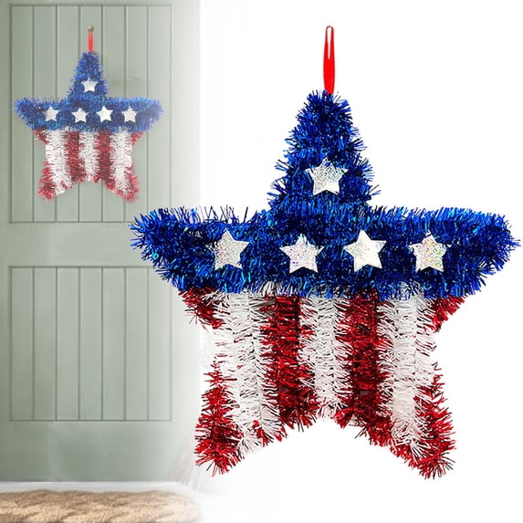Red White Blue Patriotic Tinsel Wreath, 4th of July Festive Shaped Hanging Ornament, American Flag Inspired Decor for Front Door, Wall, Window, Independence Day and Patriotic Celebration