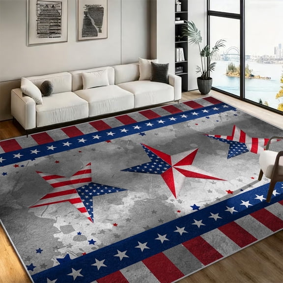 Red White and Blue Pentagram American Flag Area Rug for Bedroom Living Room, 3x5ft, Fourth of July Door Rug, Country Vintage Carpet, Patriotic Stripes Soft Non-Slip Floor Mats for All Indoor Areas