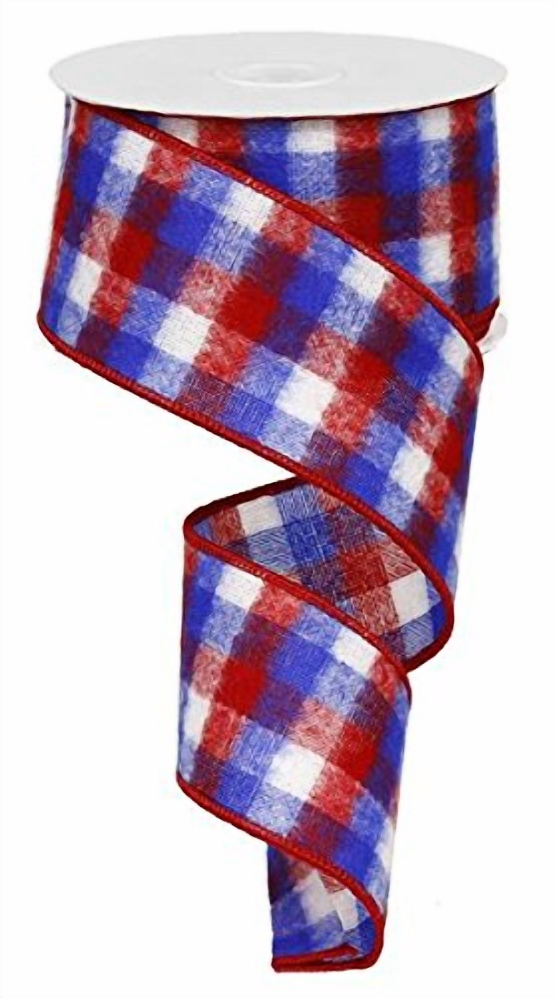 Red White Blue Plaid Flag Wired Edge Ribbon (2.5 Inches) - 50 Yards