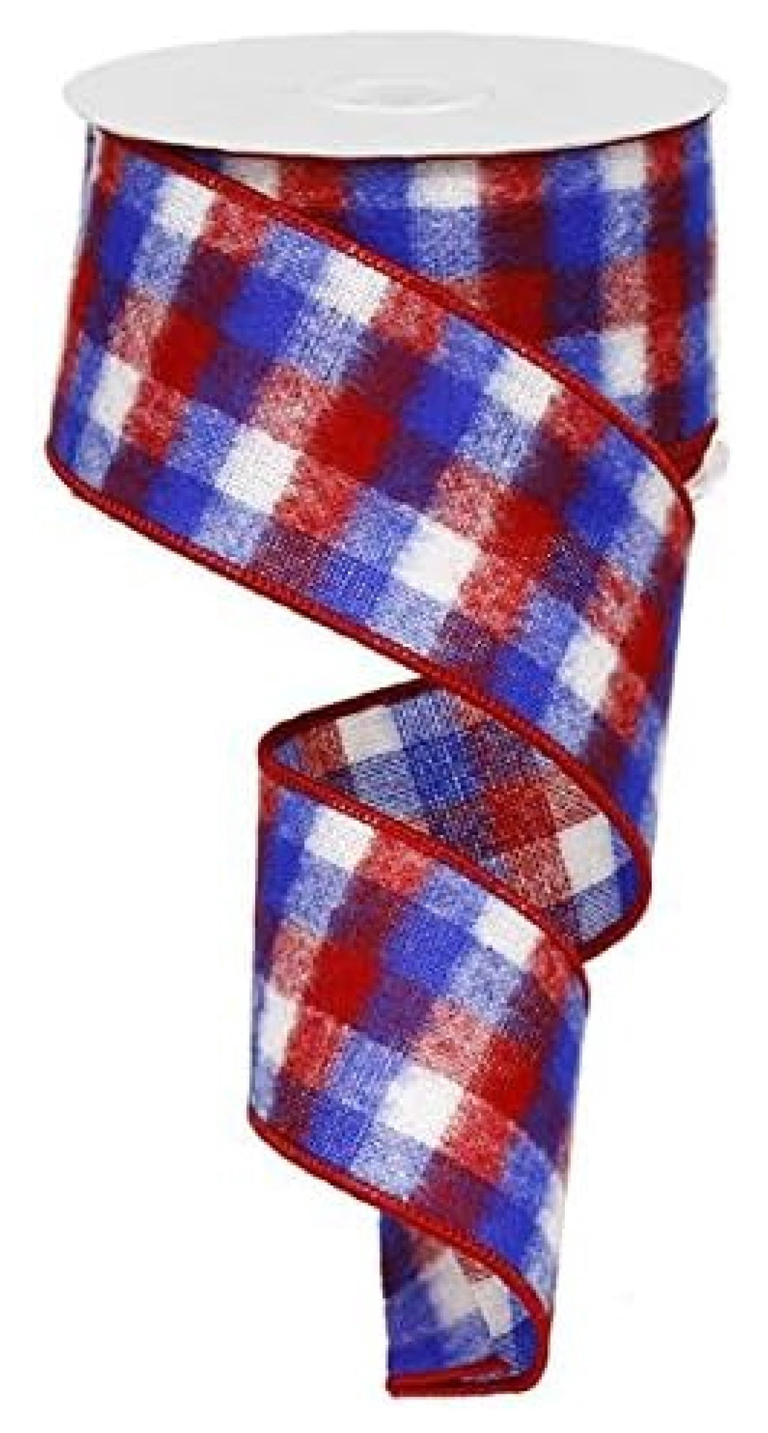 Red White Blue Plaid Flag Wired Edge Ribbon (2.5 Inches) - 50 Yards