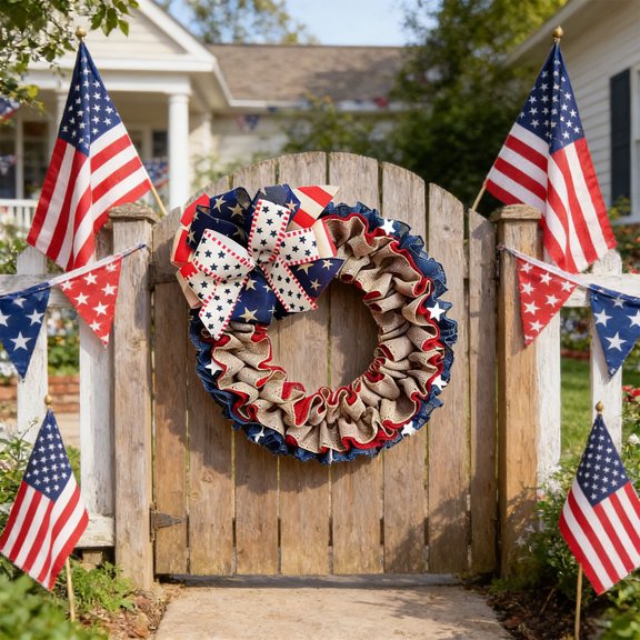 Red White Blue Plastic Star Wreath, Patriotic Independence Day Door Hanging, Holiday Decoration Prop For Home Party