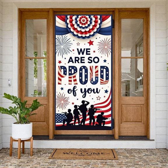 Red White Blue Proud of You Banner Soldier  Patriotic Backdrop Firework Pattern Star Decoration Military Welcome Banner for Military Homecoming Party Veteran Day Celebration US Army Welcome Event