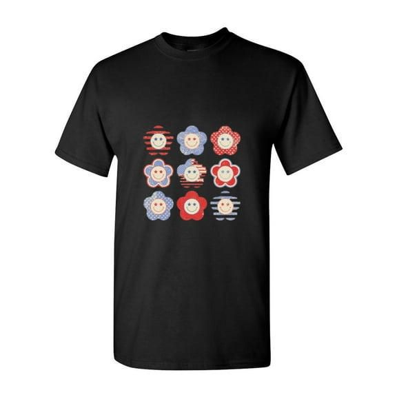 Red White Blue Retro Smile Flowers 4th Of July Graphic T-Shirt, for men & women, up to size 5XL