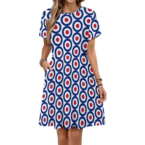 Red White Blue Round Dress Fashion Beach Short Sleeve Dresses Female Party Printed Sundress