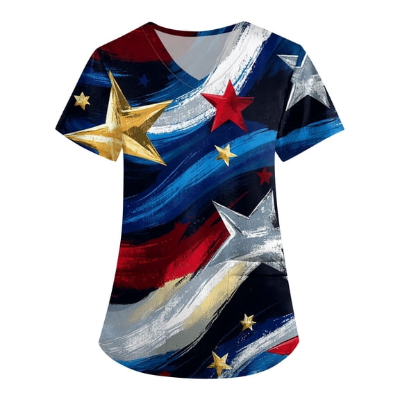 Red White And Blue Shirts For Women, Scrubs Tops 4Th Of July V Neck Short Sleeve Workwear With Pockets Royal American Flag Top Bouffant Scrub Caps Women Petite Scrubs Outfits (3XL, Dark Blue) ZMTing