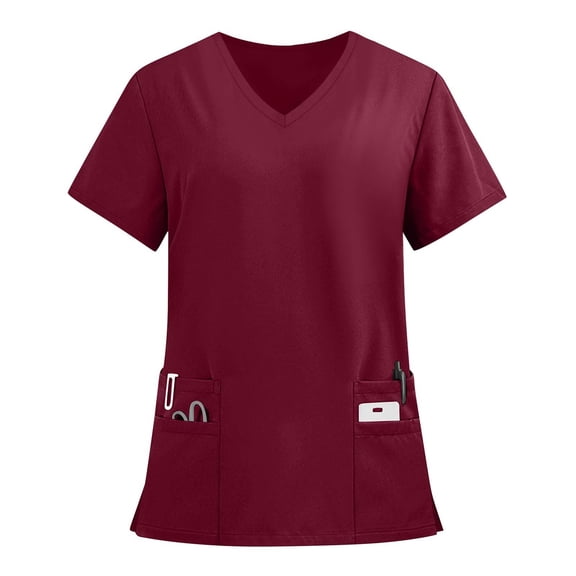 Floral Scrubs For Women, Scrubs V Neck Short Sleeve Plus Size Overalls With Double Layer Pockets Work Tops Scrub Hats Women Nurse Scrubs 4Th Of Tops Shirts Outfit (4XL, Wine) ZMTing
