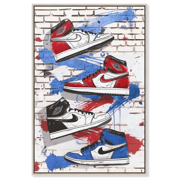 Red White Blue Sneakers Canvas Print Sneaker Wall Art by Notoriart, Silver Frame, 36 x 54