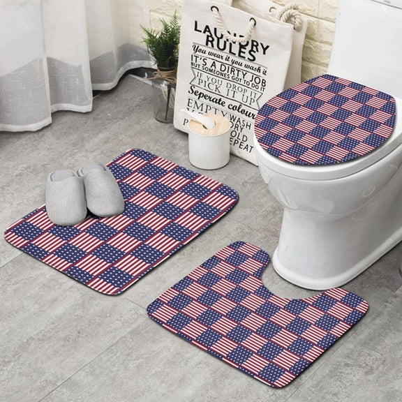 Red White and Blue Star Striped Pattern Bathroom Rugs Sets 3 Piece,Toilet Cover Set,Absorbent Non Slip Bathroom Mats Sets with U-Shaped Contour Rug Toilet Rug Set