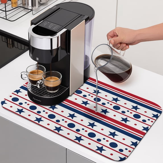 Red White Blue Star Stripes Dish Drying Mats for Kitchen Counter, Patriotic Polka Dots Absorbent Coffee Bar Mat with Non-slip Rubber Backed Quick Drying Dish Rack Pad 12"x16"