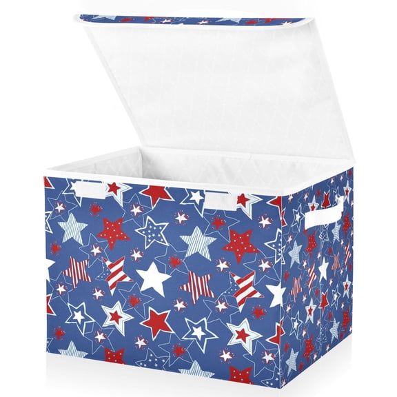 Stars and Stripes Seamless Pattern Large Lidded Storage Bin Foldable Storage Boxes Cubes Baskets Lids with 2 Handles for Home Bedroom Office 16.5x12.6x11.8inch