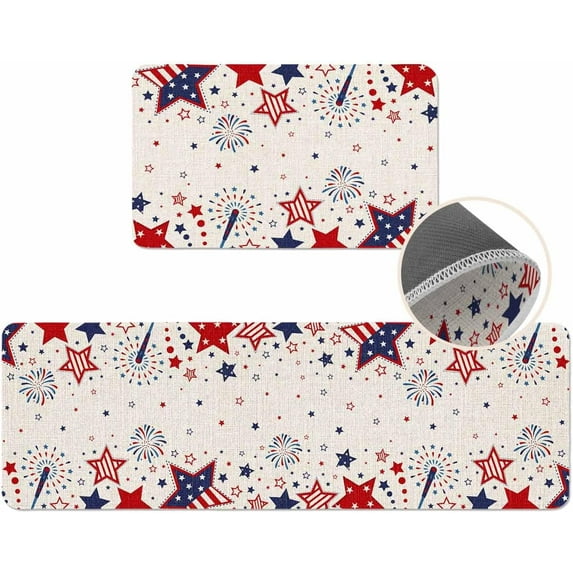 Red White and Blue Stars Kitchen Mat 2 Piece 4th of July Kitchen Rugs Non Slip Stars Firework Mats, Patriotic Soft Runner Rug Water Absorbent Stars loor Mat for Sink,Laundry 17"x30"+17"x47"