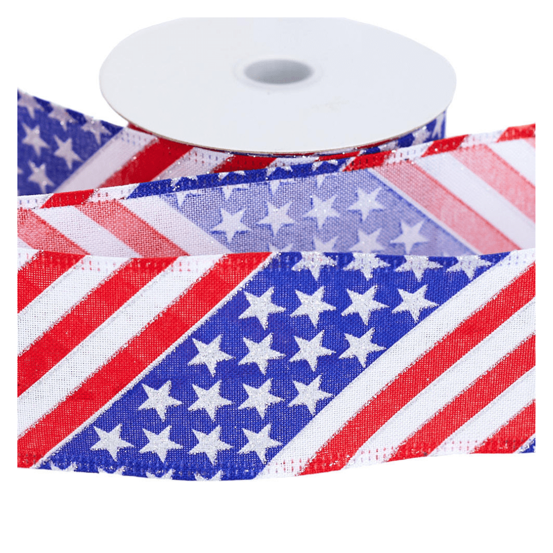 Red, White, and Blue Stars and Stripes Wired Edge Ribbon With Silver Glitter Accents - For 4th of July, Memorial Day, Veteran's Day and Everyday Decor