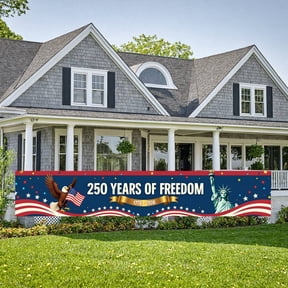 Red White Blue Style 250 Years of Freedom Banner Bald Eagle USA Anniversary Backdrop Gold Ribbon Detail Star Pattern Patriotic Event Display for Patriotic Gatherings 250th Anniversary Celebrations