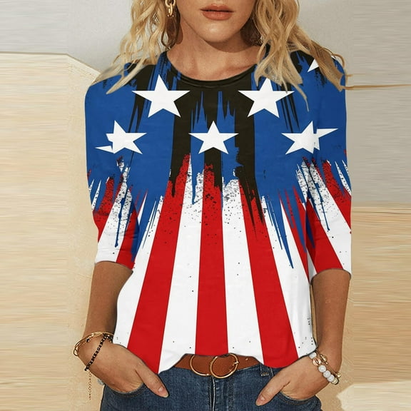 Red White and Blue T-Shirt American Flag Top American Flag Tee American Flag T Shirts Women Women's Fashion Tees Casual Crewneck 3/4 Sleeve Loose T Shirt Ladies Blouses Shirts