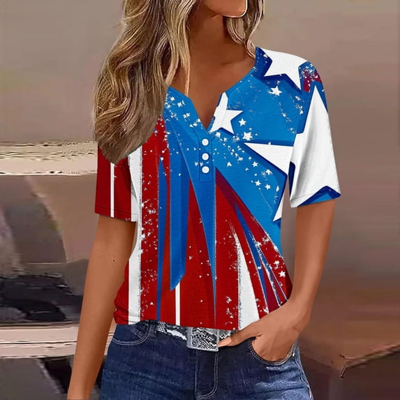 Red White and Blue T Shirts Red White and Blue T Shirt Women American Flag Womens Shirts Womens Red White and Blue Tops Womens Patriotic Tees Fashion Casual Printed Short Sleeves V-Neck Blouse