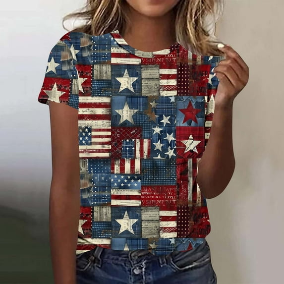 Red White and Blue T Shirts Womens American Flag Tops Patriotic Tee Shirts for Women American Flag Womens Tee Ladies New Short-Sleeved Round Neck Pullover Independence Day Printed Casual Tops