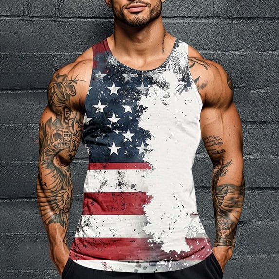 Red White and Blue Tank Memorial Day Tank Red White and Blue Tanks Fourth of July Top Men's Independence Day Printing Round Neck Regular Casual Sports Tank Blouses