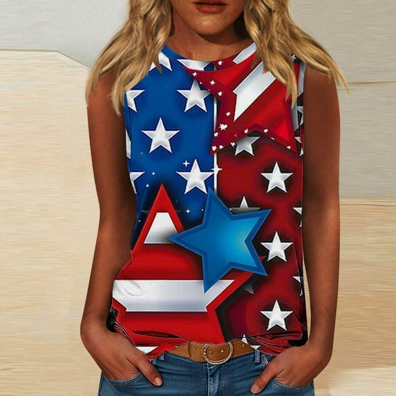 Red White and Blue Tank Top Red White and Blue Tank Tops Fourth of July Tank Women Womens American Flag Tops Women's Casual Independence Day Sleeveless Round Neck Tops