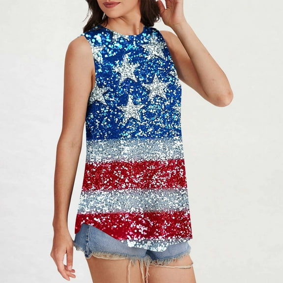Red White and Blue Tank Tops Fourth of July Tank Women Memorial Day Tank Fourth of July Top Women's Printed Sleeveless Round Neck Pullover Casual Fashionable Tank Tops