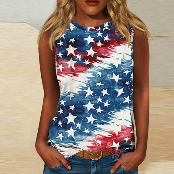 Red White and Blue Tank Tops for Women Women Fourth of July Tank Memorial Day Tank Women 4th of July Womens Top Women's Casual Independence Day Sleeveless Round Neck Tops