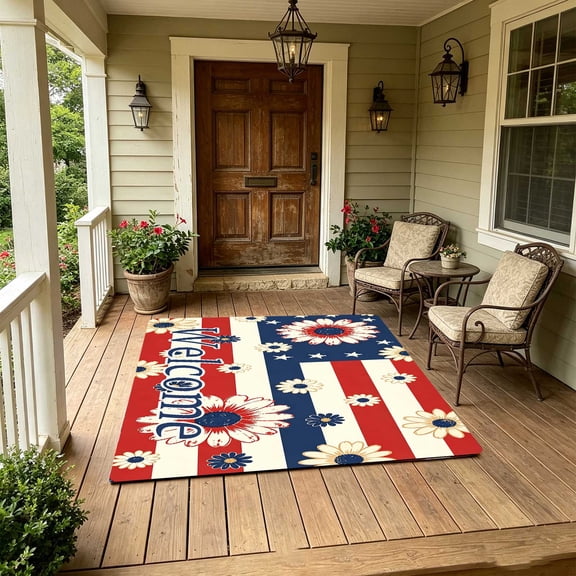 Red White Blue USA Flag Entrance Welcome Mat, Multi-Scene Indoor Outdoor Floor Rug for Doorway Porch Balcony Office, 4th of July US 250th Anniversary Decor, Housewarming Present