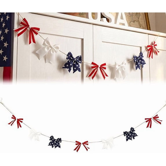 Red White Blue Velvet Patriotic Bow Banner, 6.3Ft 4th Of July Bow Garland For 250th Anniversary Memorial Day Home Mantel Table Door Wall Hanging Decor Supplies