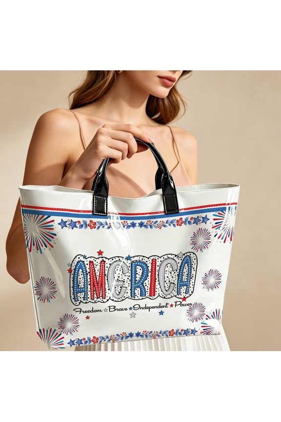 Red White Blue Vertical Star Striped Patriotic Tote Bag, Large Top Handle Handbag for Women – Ideal 4th of July Shopping & Commute Gif