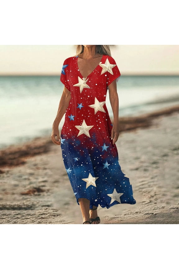 Red White and Blue Women's Dresses, V Neck Fashion Dresses for Women, Farmhouse 4Th of July Women Dresses, 250Th Anniversary Patriotic Dresses for Women Size: 2XL