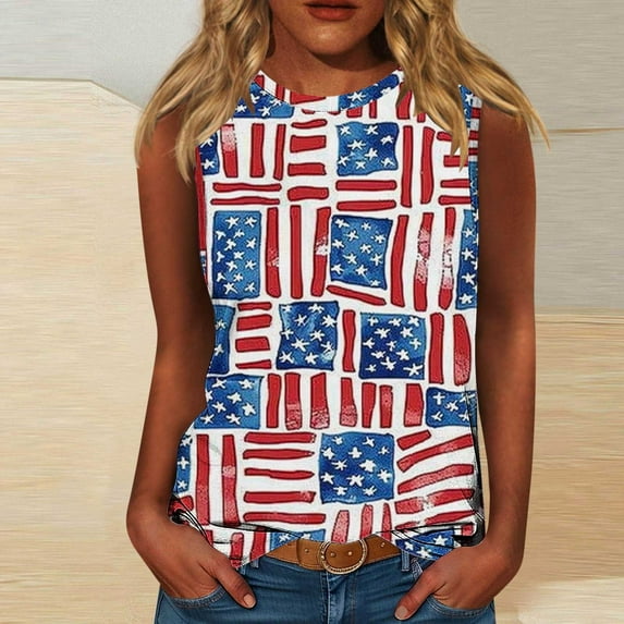 Red White and Blue Womens Tanks Red White and Blue Womens Tank Top Womens Red White and Blue Tank Tops Womens Patriotic Blouses Women's Casual Independence Day Sleeveless Round Neck Tops