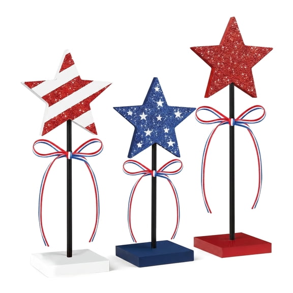 Red White Blue Wooden Stars Set, 3 Pcs Rustic Tiered Tray Decor Home