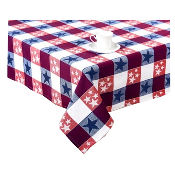 Red White Blue Woven Blocks Stars Tablecloth Fabric Cottage Classic (60 x 84 Oval)