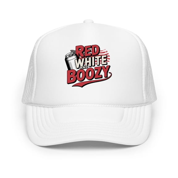 Red White & Boozy Trucker Hat – Funny Patriotic 4th of July Foam Mesh Snapback Cap – Summer Drinking Hat for Men and Women – USA Party Hat (White)