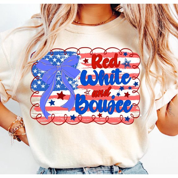 Red White Boujee Girl T-Shirt – Stylish Patriotic Tee with Coquette Bow and USA Flag Flair