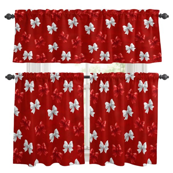 Red and White Bow Kitchen Curtains Set for Windows, Cute Bowknot Kawaii Style Ribbon Modern Curtains Valance and Tier 3 Piece Set Small Drapes 36 Inch Length for Kitchen Bedroom Decor
