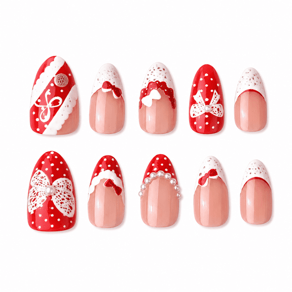 Red White Bow Press on Nails, Extra Short Almond Glossy Fake Nails with Pearl Accent, 30 Count