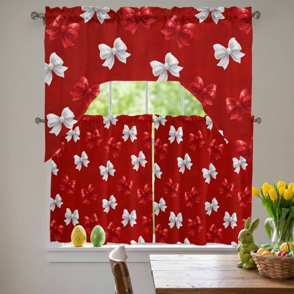 Red and White Bow Swag Curtains Valance & Tier Set, Cute Bowknot Kawaii Style Ribbon Modern 3 Pcs Set Kitchen Swag Valances and Tiers 36 Inch Length Rod Pocket Curtain Drapes for Bedroom