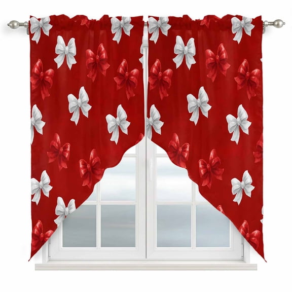 Red White Bow Swag Valances for Windows 2 Pack, Kitchen Window Curtains 36 Inch Length, Modern Art Watercolor Bowknot Privacy Swag Curtains for Living Room/Bathroom with Rod Pocket 36"x36"