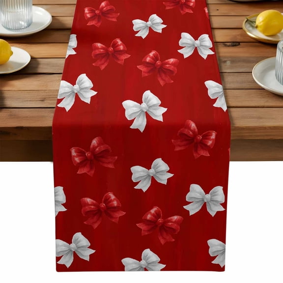 Red and White Bow Table Runner, Cute Bowknot Kawaii Style Ribbon Modern Washable Kitchen Table Runners Dress Scarves for Dining Table Decorations Party, 13x72in