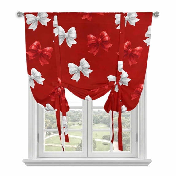 Red White Bow Tie Up Curtains for Windows, Adjustable Balloon Window Shades, Modern Art Watercolor Bowknot Kitchen Window Treatments Adjustable Roll Up Curtain for Basement/Nursery 52"x45"