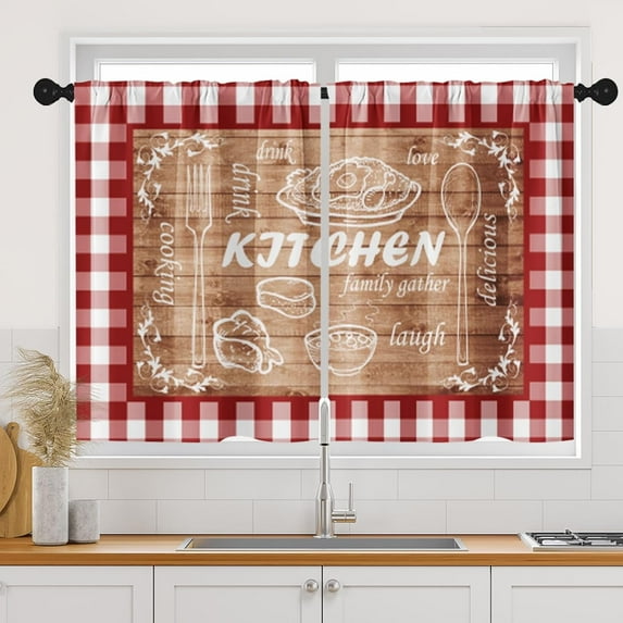 Red White Buffalo Plaid Check Kitchen Curtains, Farmhouse Board Short Window Curtains Set of 2, Window Treatment Tier Curtains for Kitchen Over Sink Bathroom Dining Room Decor (26x36 Inch)