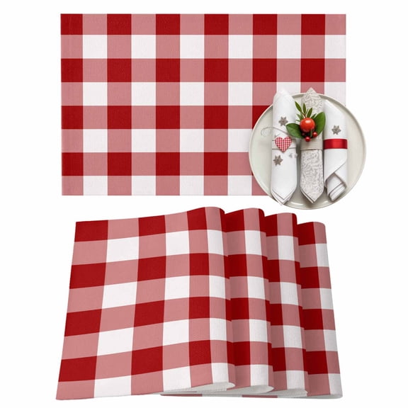 Red and White Buffalo Plaid Placemats Set of 2, Minimalist Gingham Checks Grid Heat Insulated Linen Place Mats, Washable Stain-Proof Table Mats for Dining Tables Holiday Decor 13x19 Inches
