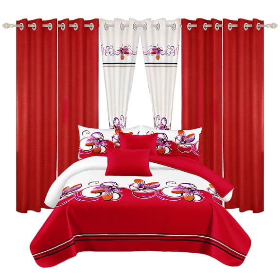 Red White Butterfly Print 9-Piece Bed in a Bag, Ultra Soft Bedspread Set with Curtains, All Season Bedding Collection (Queen)